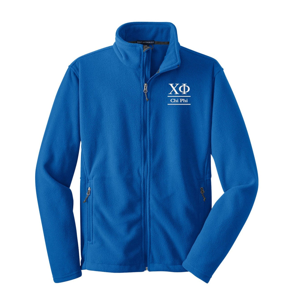 Royal Blue Fleece Jacket Embroidered with White Chi Phi Letters and Chi Phi spelled out under the letters.