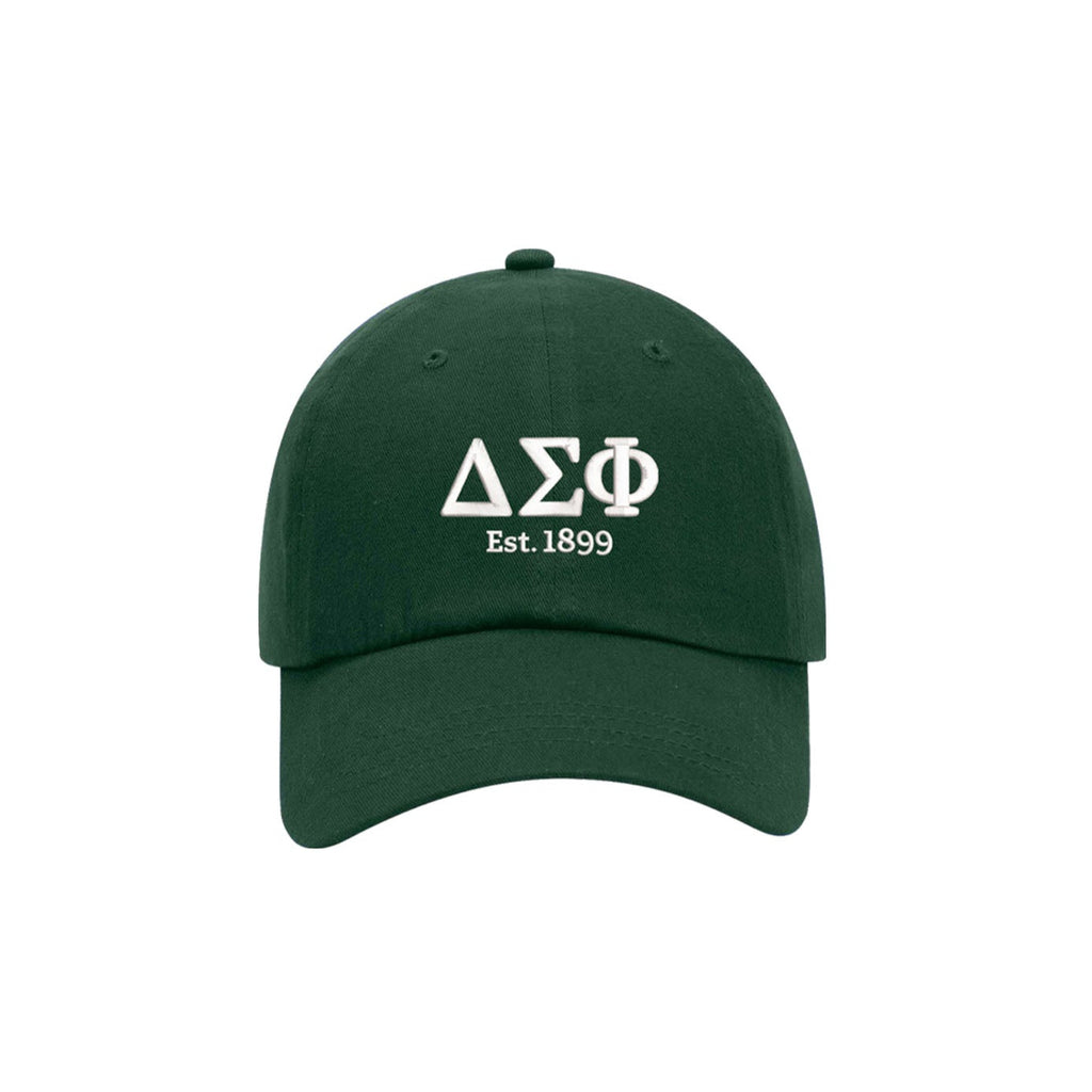 Green cap with white Delta Sigma Phi logo and 'Est. 1899' text on a white background