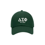 Green cap with white Delta Sigma Phi logo and 'Est. 1899' text on a white background