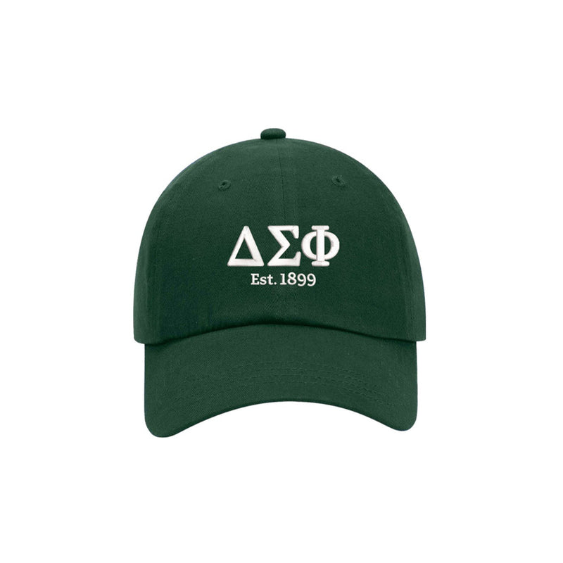 Green cap with white Delta Sigma Phi logo and 'Est. 1899' text on a white background