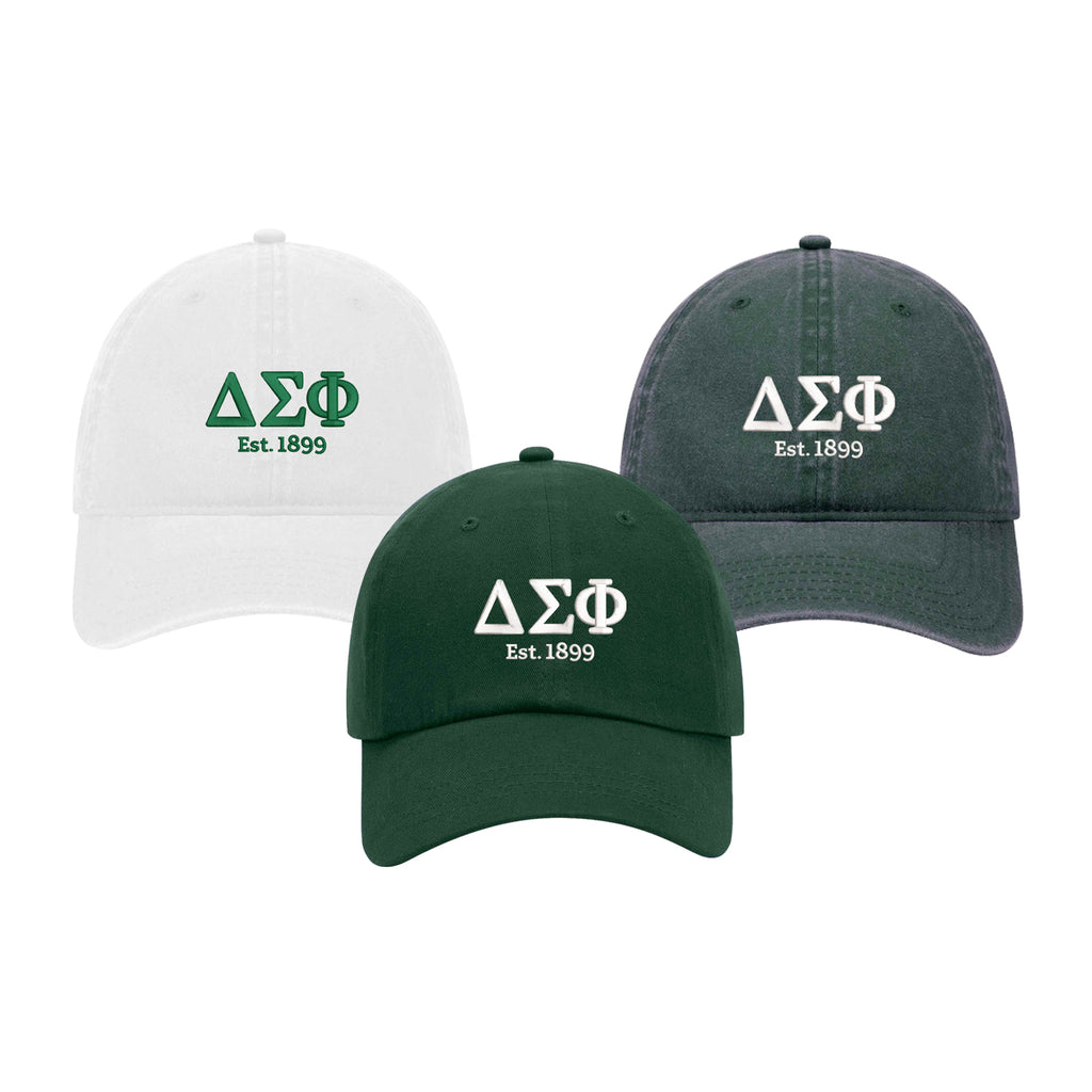 Green cap with white Delta Sigma Phi logo and 'Est. 1899' text on a white background