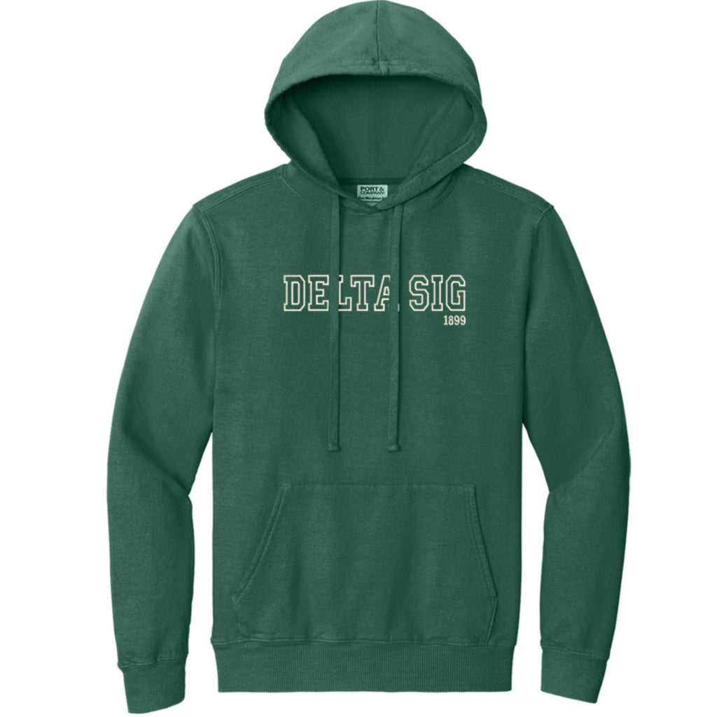 Green hoodie with 'Delta Sig 1999' text on a white background