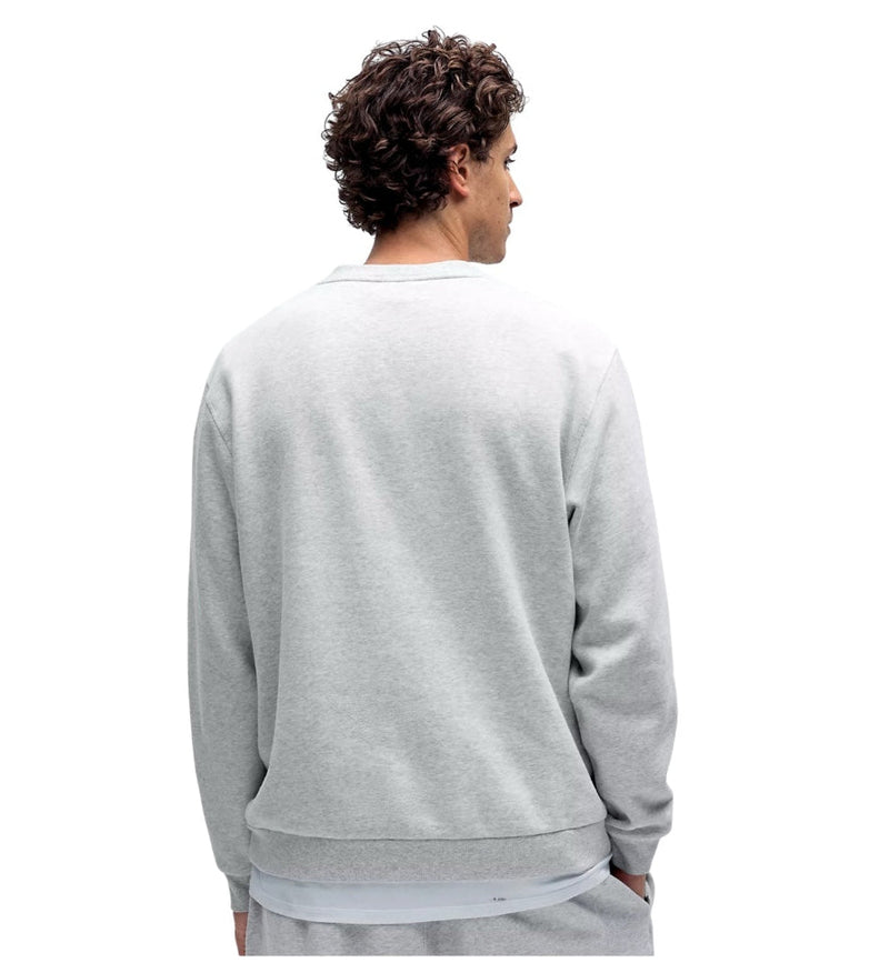 Person wearing a light gray sweatshirt on a white background