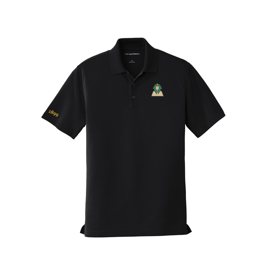 White polo shirt with a logo on the chest against a white background