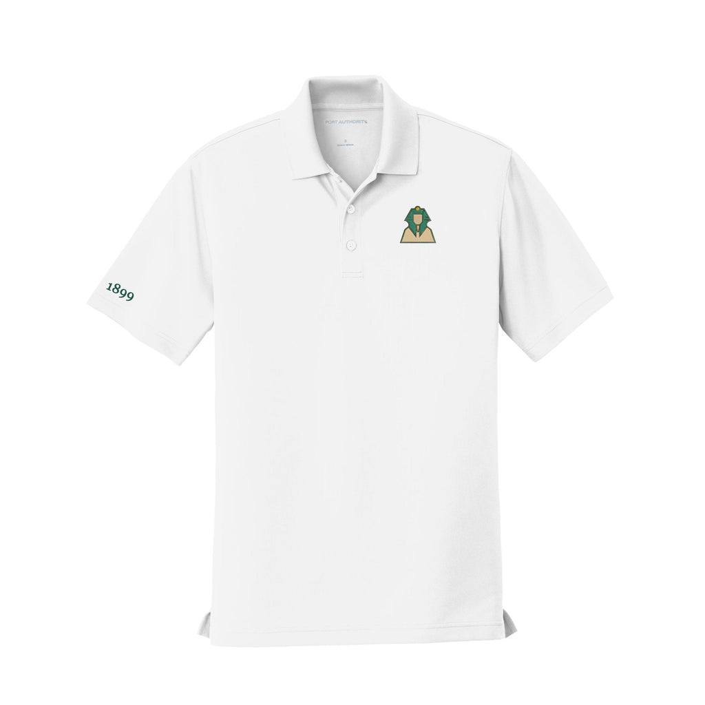 White polo shirt with a logo on the chest against a white background