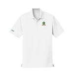 White polo shirt with a logo on the chest against a white background