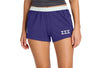 Person wearing purple shorts with a logo on a white background