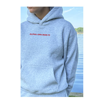 Person wearing a gray hoodie with 'Alpha Omicron Pi' text in red, standing by a body of water.