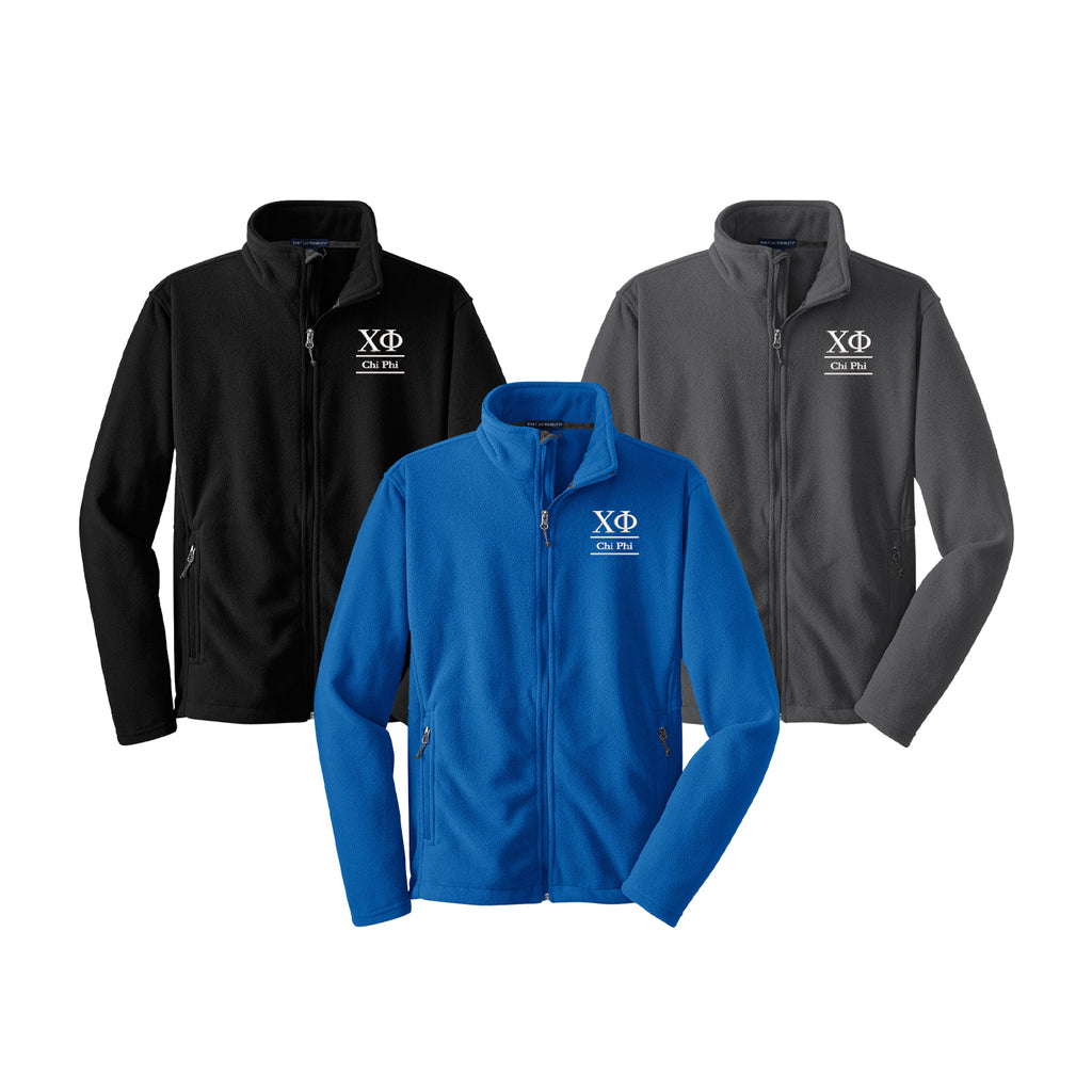 Royal Blue Fleece Jacket Embroidered with White Chi Phi Letters and Chi Phi spelled out under the letters.