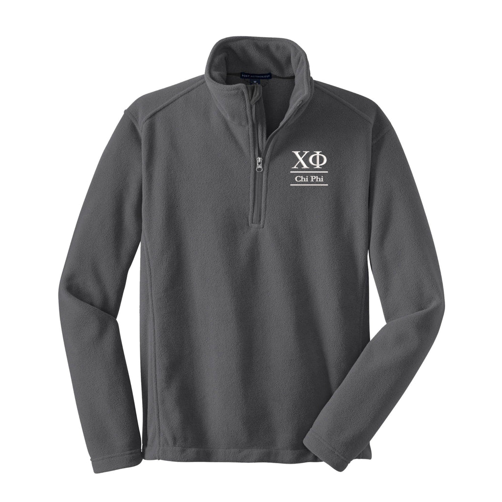 Iron Grey Fleece Pullover embroidered with white Chi Phi Greek letters and Chi Phi spelled out between 2 lines