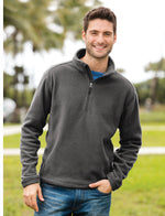 Male model wearing grey fleece pullover and jeans