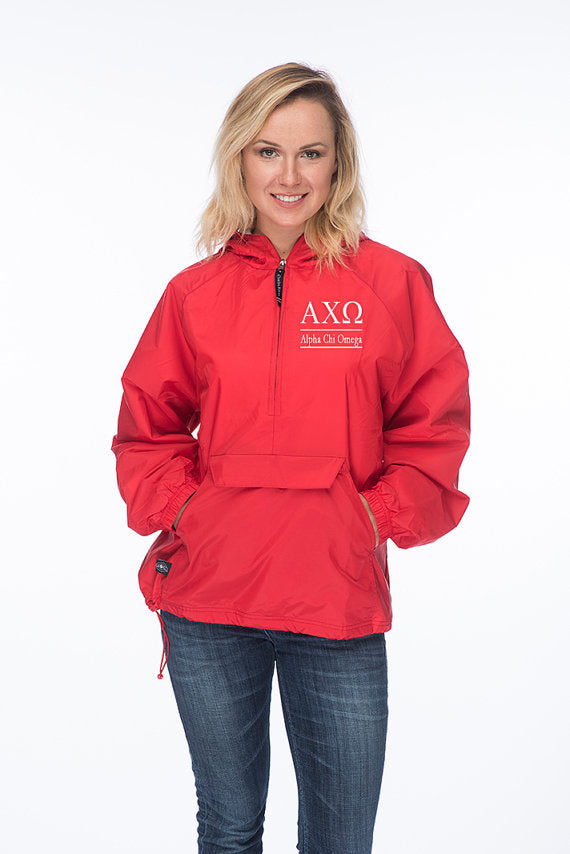 Alpha Chi Omega Classic Windbreaker, A Chi O Jacket, ACHIO Windbreaker, Red Jacket
